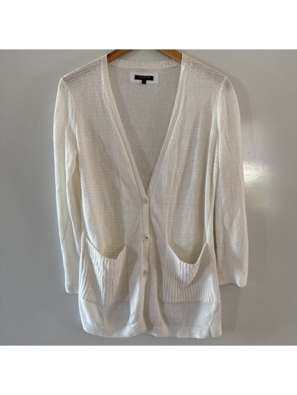LAFAYETTE 148 NY Hemp Cardigan Womens Small Open Knit V Neck Sweater White Snap